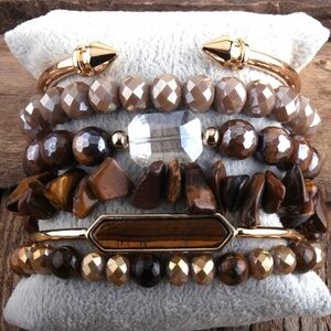 Tiger Eye & Crystal Beaded Bracelet Set – 7.3 Inch Stretch Fit with Faceted Bead